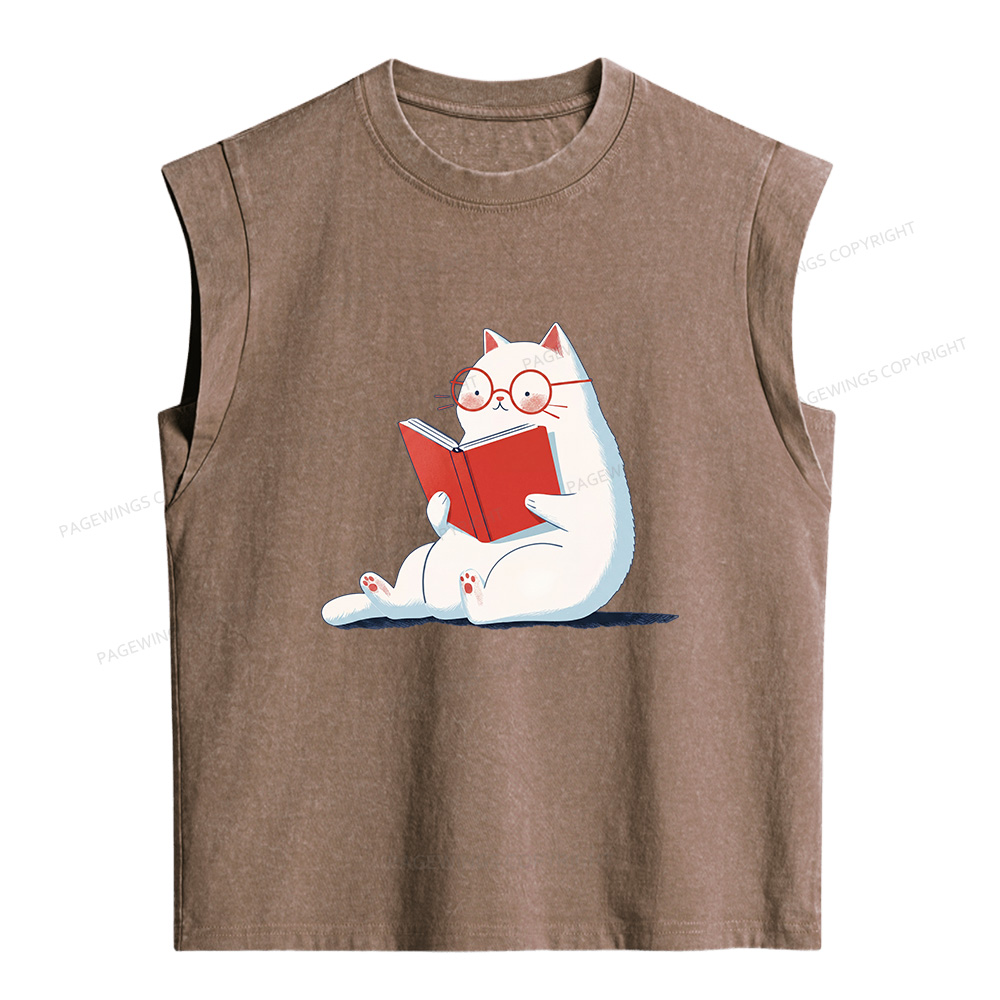 Pagewings Cat Reading Books Women's Washed Tank Top