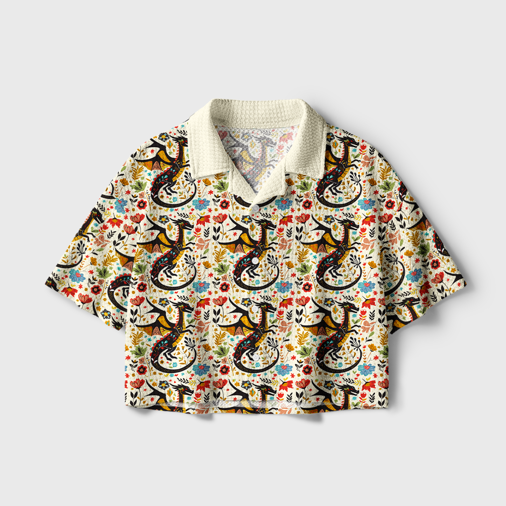 Pagewings Fantasy Dragon Camp Collar Boxy Fit Unisex Crochet Shirt