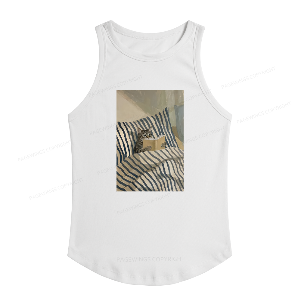 Pagewings Slim Fit Cat Reading Book In Bed Women's Fitted Tank Top 