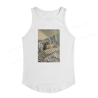 Pagewings Slim Fit Cat Reading Book In Bed Women's Fitted Tank Top 