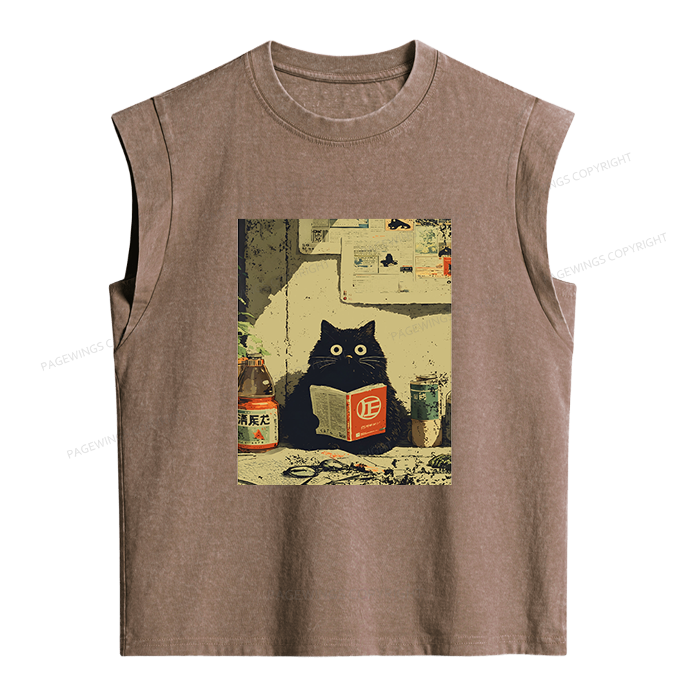Pagewings Vintage Japanese Cat Book Lovers Women's Washed Tank Top