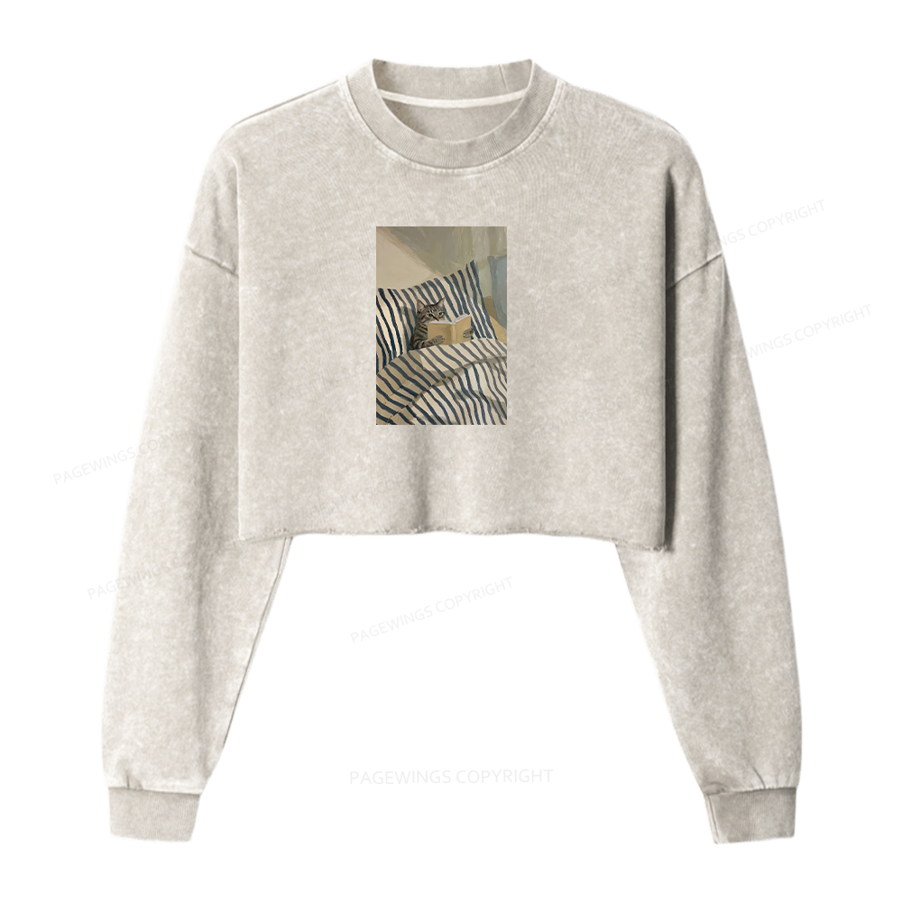 Pagewings Cat Reading Book In Bed Washed Crop Sweatshirt