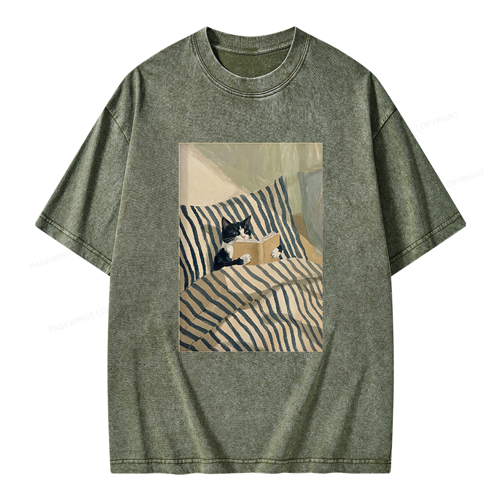 Pagewings Cat Reading Book Unisex Washed T-shirt