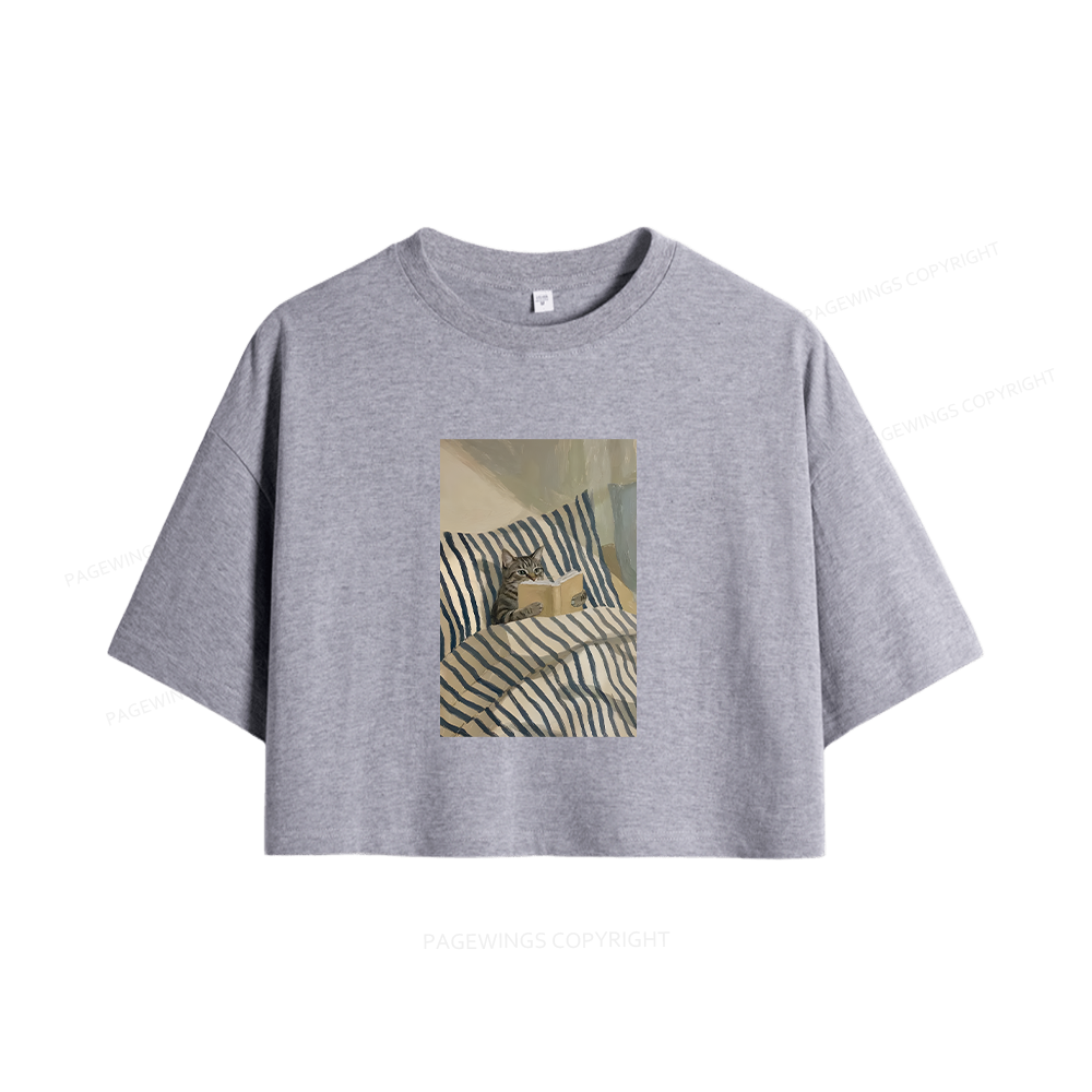 Pagewings Cat Reading Book In Bed Women Crop Tops