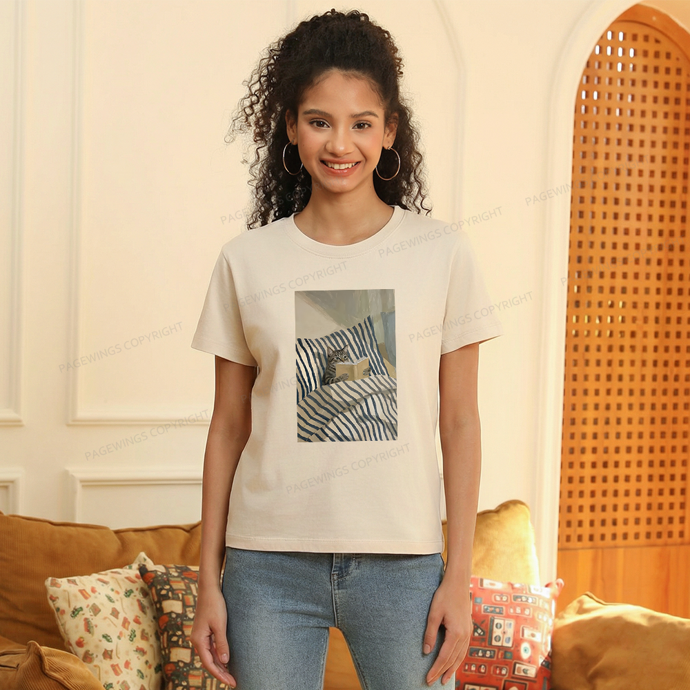Pagewings Cat Reading Book Women's Washed T-shirt