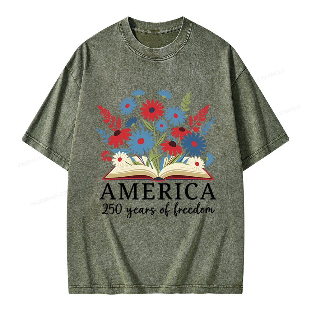 Pagewings Floral Patriotic America 250 Unisex Washed T-shirt