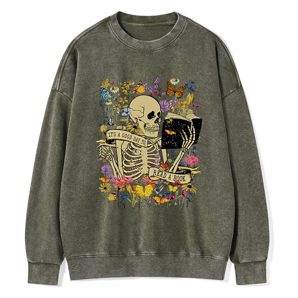 Pagewings Skull Skeleton Reading Book Unisex Washed Sweatshirt