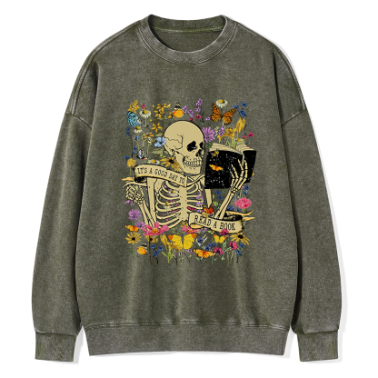 Pagewings Skull Skeleton Reading Book Unisex Washed Sweatshirt