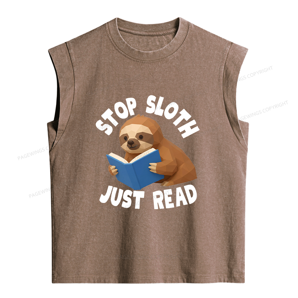 Pagewings Stop Sloth Just Read Women's Washed Tank Top
