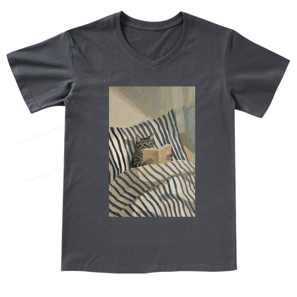 Pagewings Cat Reading Book In Bed V-neck T-shirt