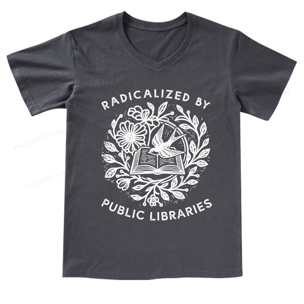Pagewings Radicalized By Public Libraries V-neck T-shirt