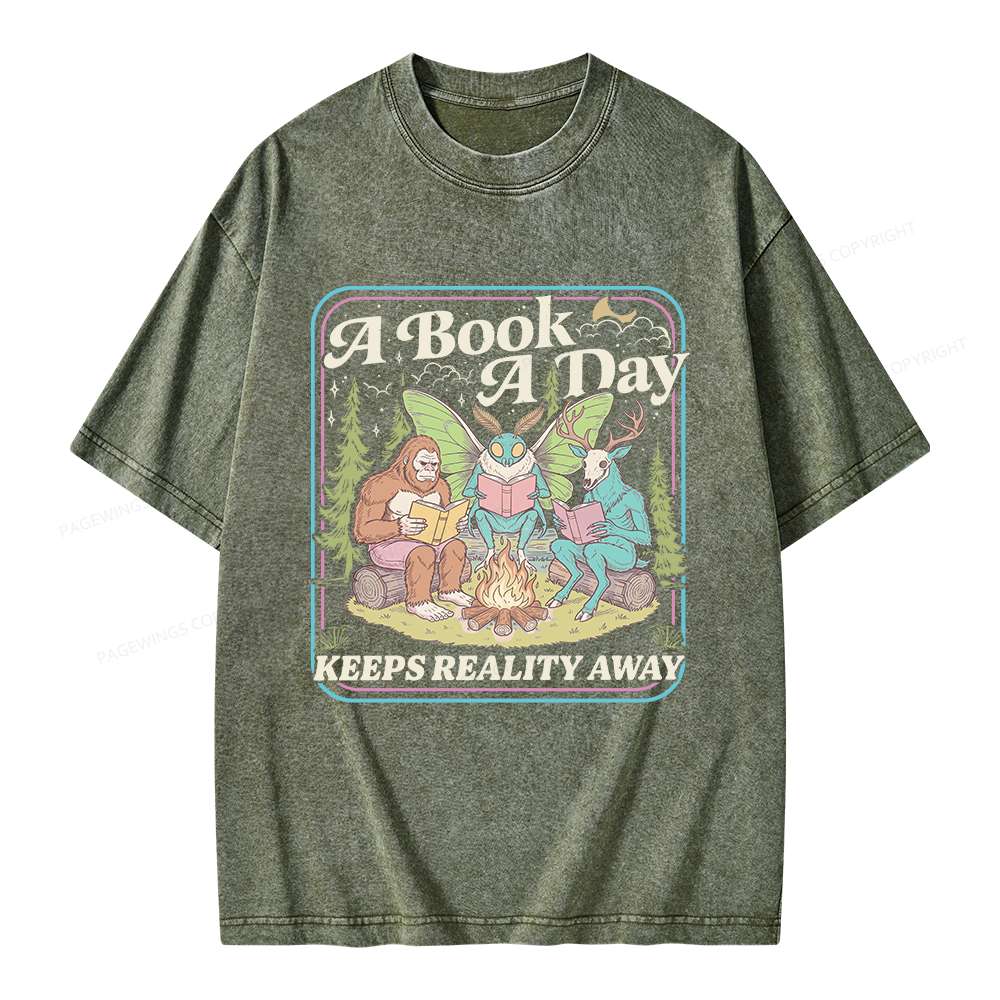 Pagewings A Book A Day Keeps Reality Away Unisex Washed T-shirt