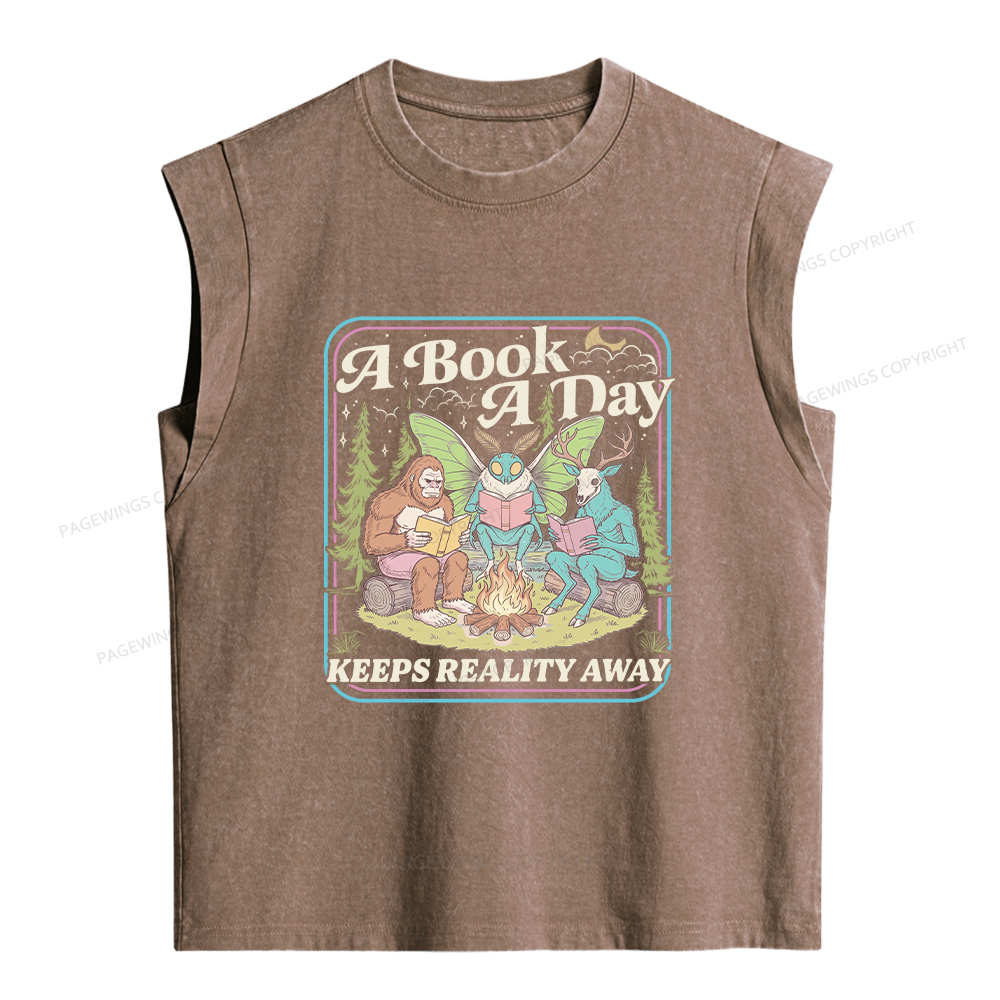 Pagewings A Book A Day Keeps Reality Away Women's Washed Tank Top