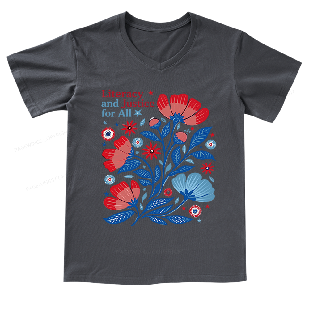 Pagewings Literacy and Justice for All V-neck T-shirt