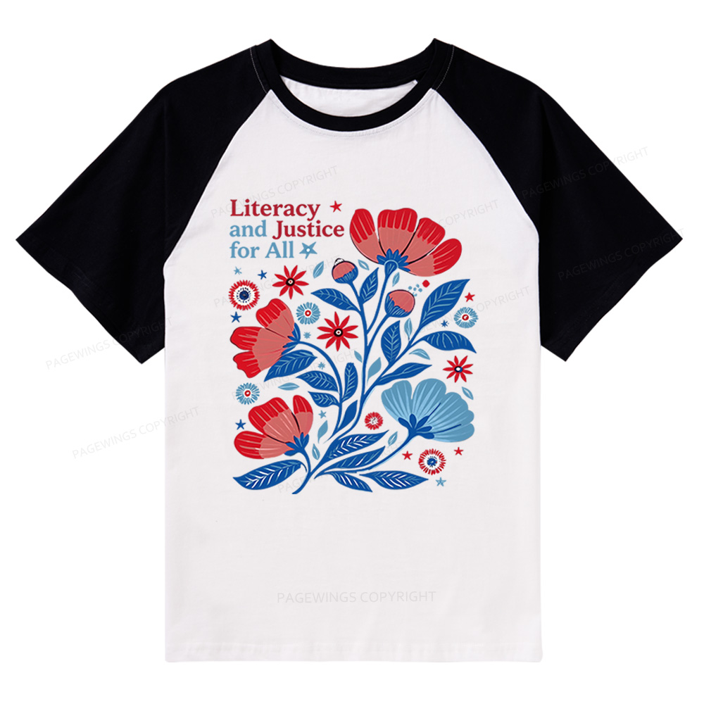 Pagewings Literacy and Justice for All Raglan T-shirt
