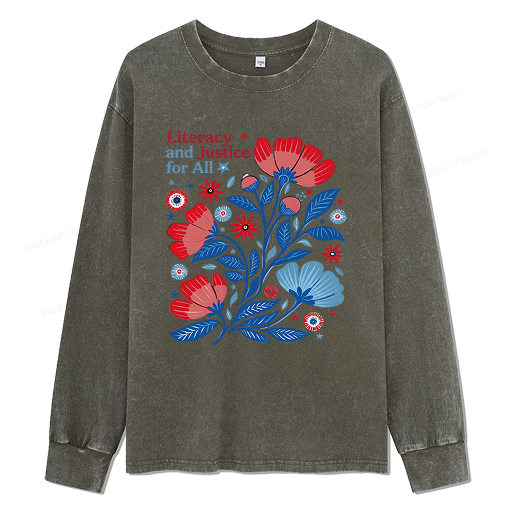 Pagewings Literacy and Justice for All Unisex Washed Long Sleeve T-shirt