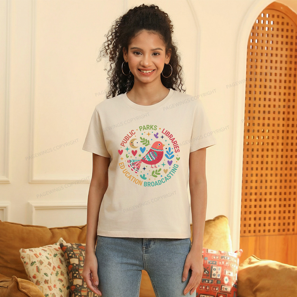 Pagewings Public Parks Libraries Education Broadcasting Women's Washed T-shirt
