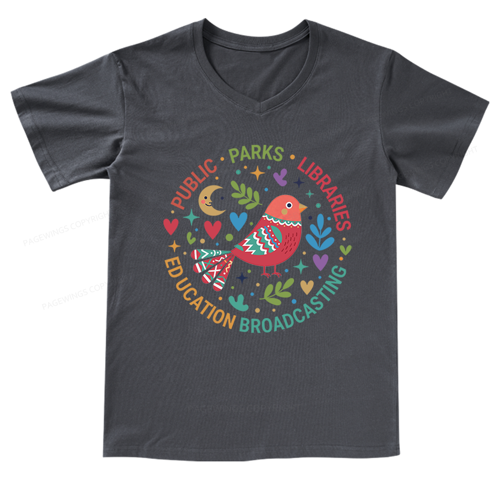 Pagewings Public Parks Libraries Education Broadcasting V-neck T-shirt