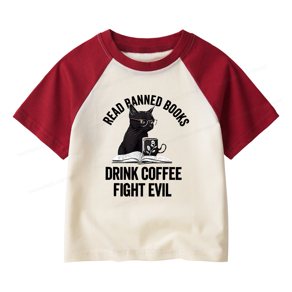 Pagewings Read Books Drink Coffee Fight Evil Kids Raglan T-shirt 