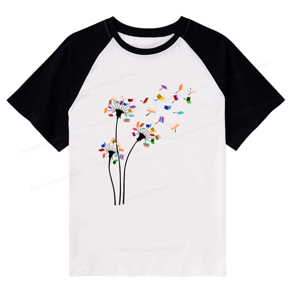 Pagewings Cute Dandelion Books Flower Fly Raglan T-shirt