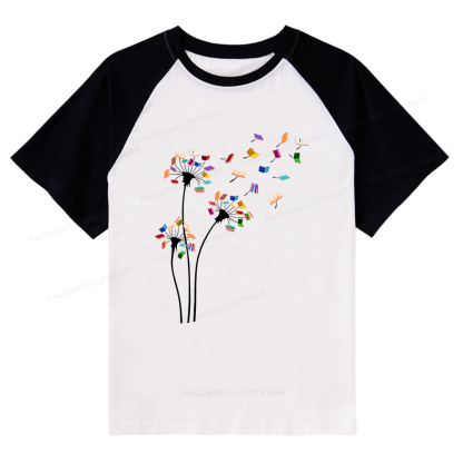 Pagewings Cute Dandelion Books Flower Fly Raglan T-shirt