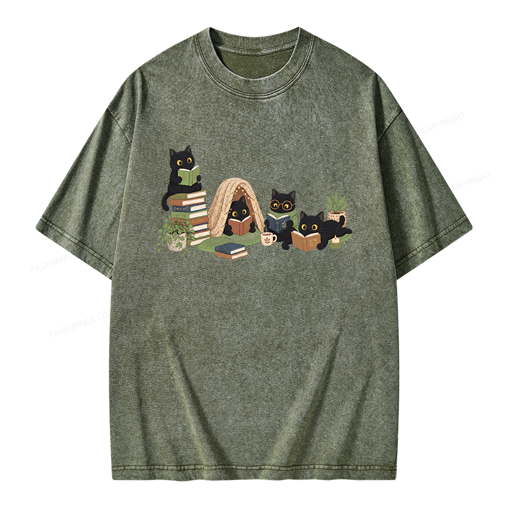 Pagewings Black Cat Reading Unisex Washed T-shirt