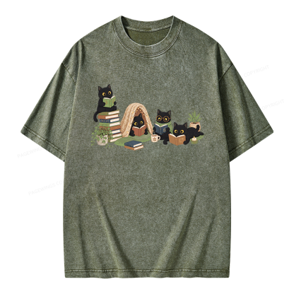 Pagewings Black Cat Reading Unisex Washed T-shirt