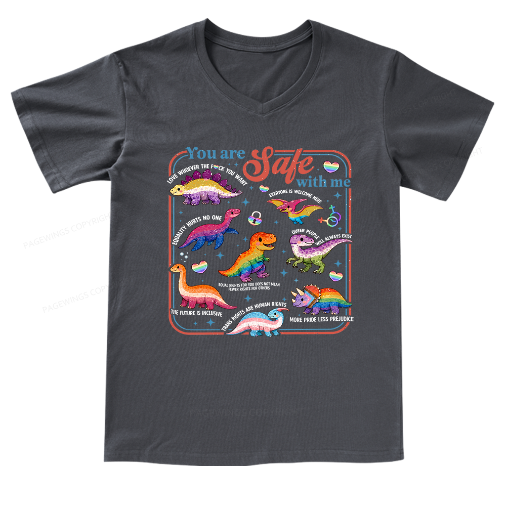 Pagewings Dinosaur Rainbow V-neck T-shirt