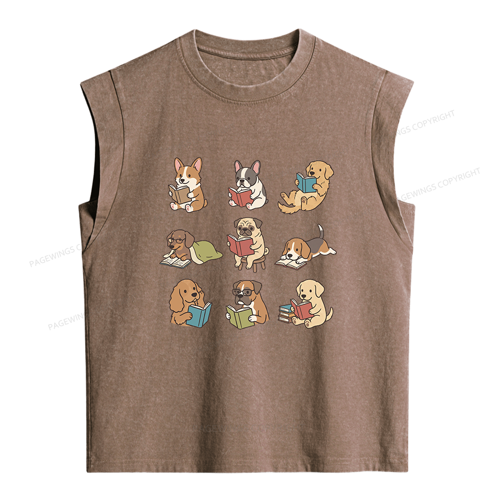 Pagewings Funny Dog Reading Women's Washed Tank Top