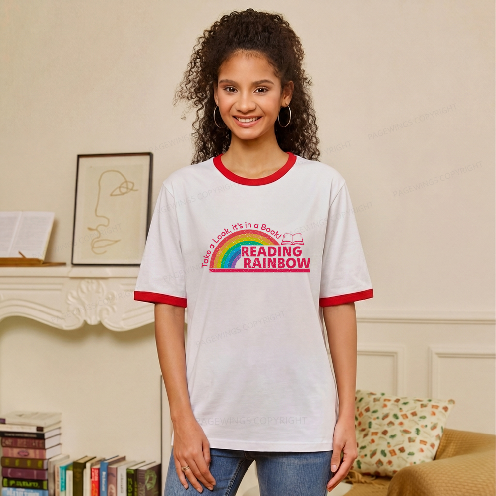 Pagewings Pagewings Reading With Rainbow Unisex Ringer T-Shirt 