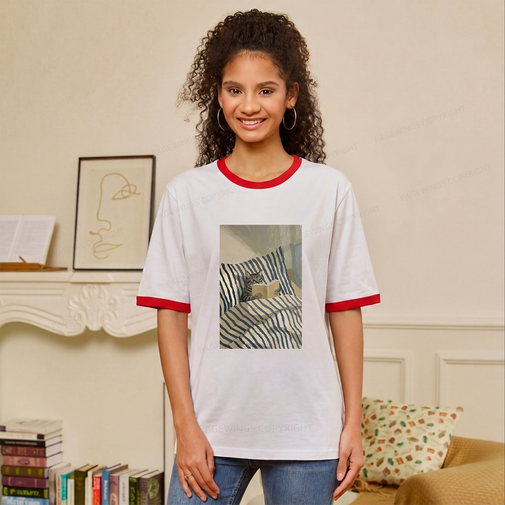 Pagewings Cat Reading Book Unisex Ringer T-Shirt 