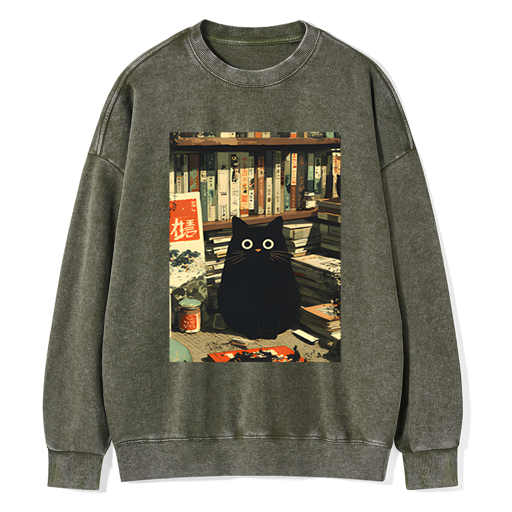 Pagewings Vintage Cat Book Lovers Unisex Washed Sweatshirt