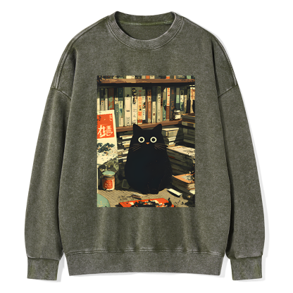 Pagewings Vintage Cat Book Lovers Unisex Washed Sweatshirt