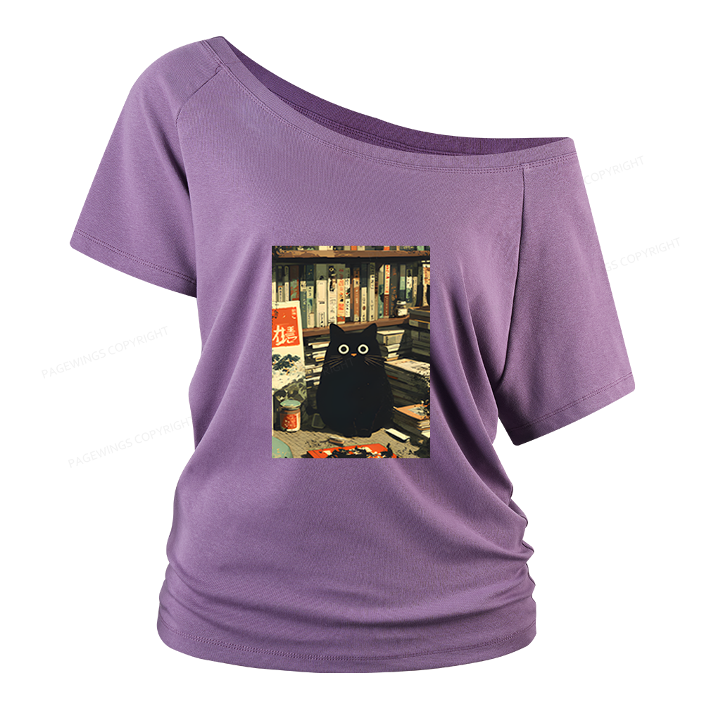 Pagewings Vintage Cat Book Lovers Women Off Shoulder T-shirts