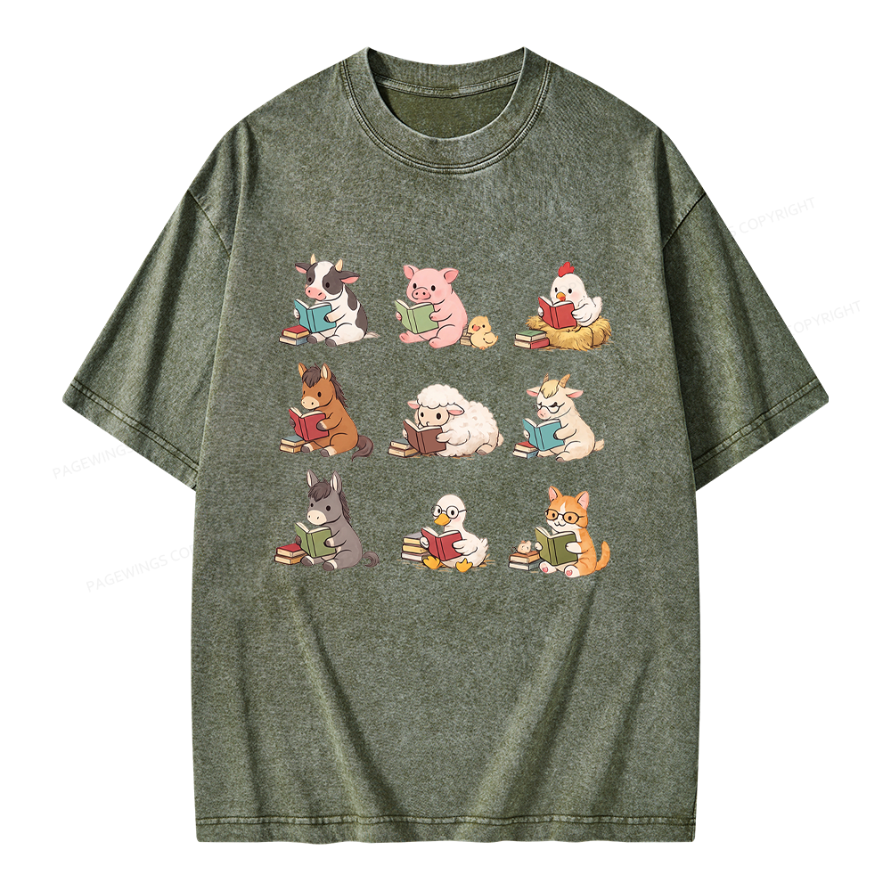 Pagewing Farm Animals Reading Unisex Washed T-shirt