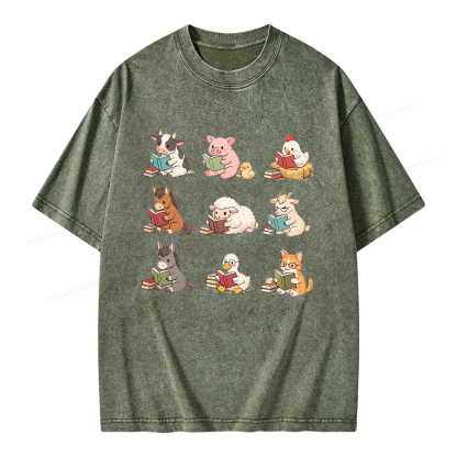 Pagewing Farm Animals Reading Unisex Washed T-shirt