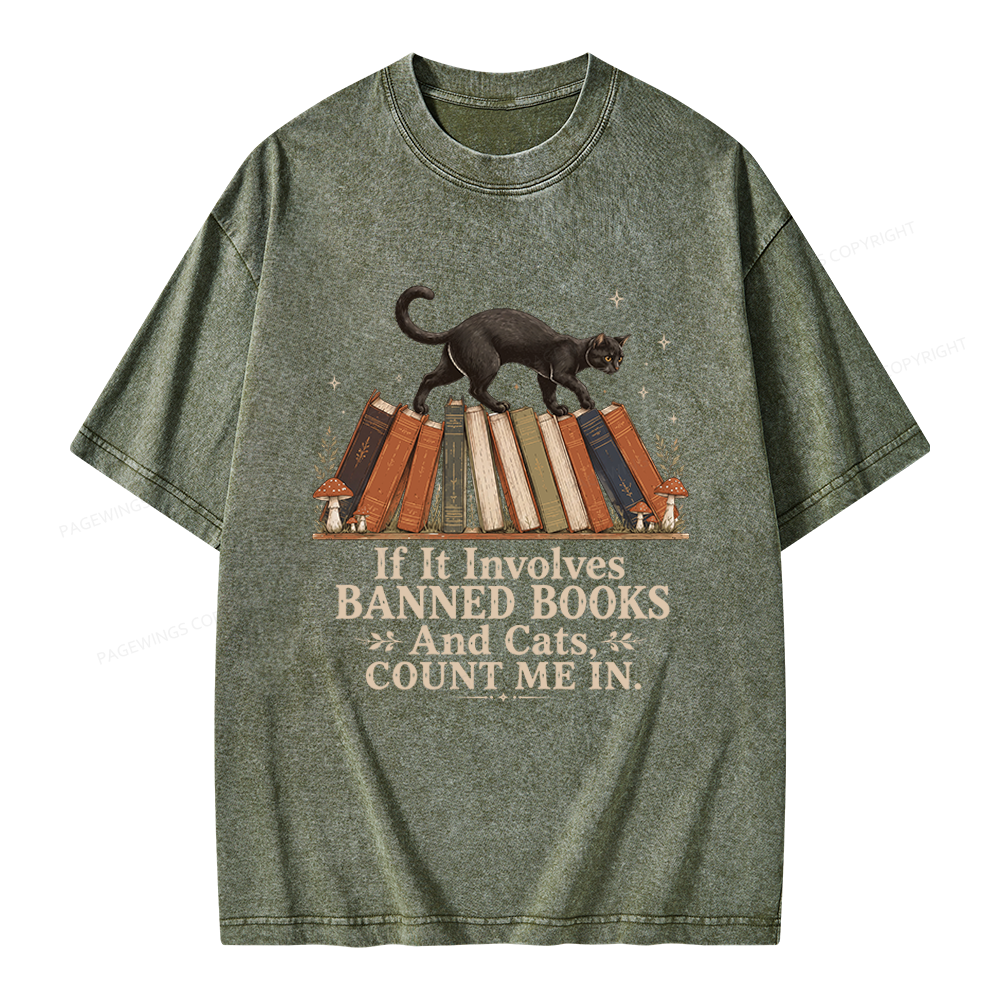 Pagewing Cat Read Banned Books Unisex Washed T-shirt