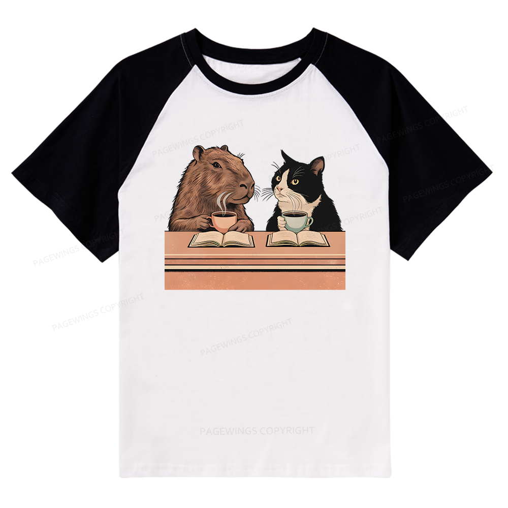 Pagewings Capybara and Tuxedo Cat Bookish Raglan T-shirt