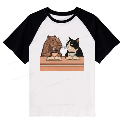 Pagewings Capybara and Tuxedo Cat Bookish Raglan T-shirt