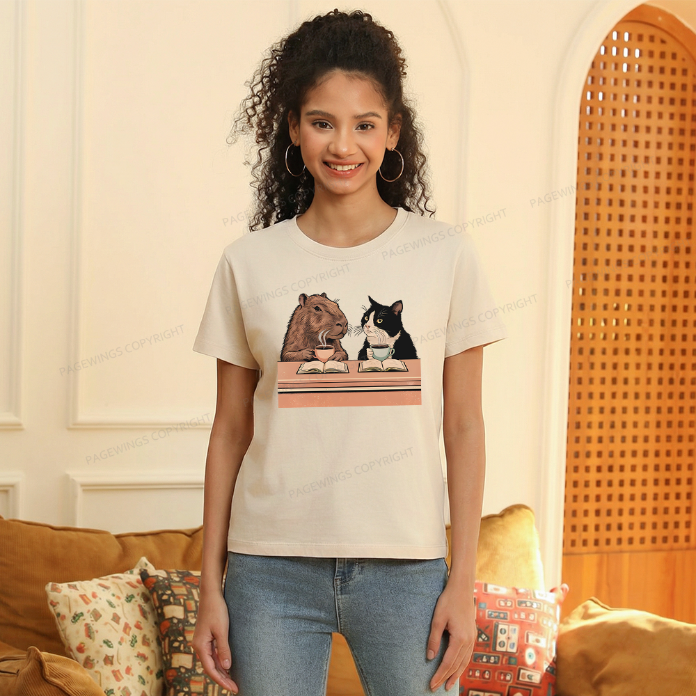 Pagewings Capybara and Tuxedo Cat Chilling with Coffee 11180 Bookish Women's Washed T-shirt