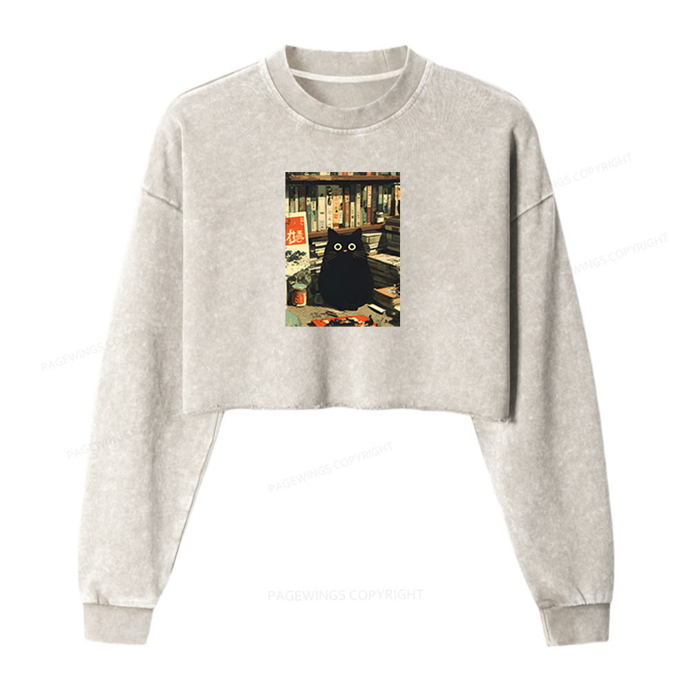 Pagewings Vintage Cat Book Lovers Washed Crop Sweatshirt
