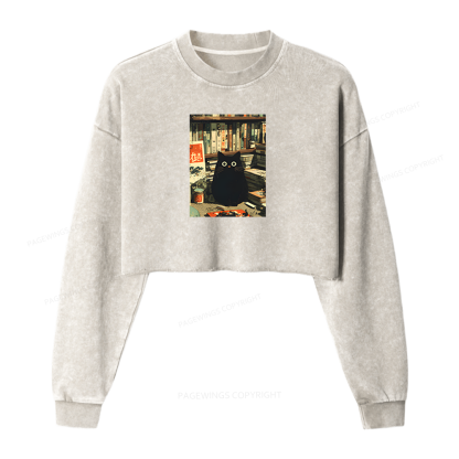 Pagewings Vintage Cat Book Lovers Washed Crop Sweatshirt