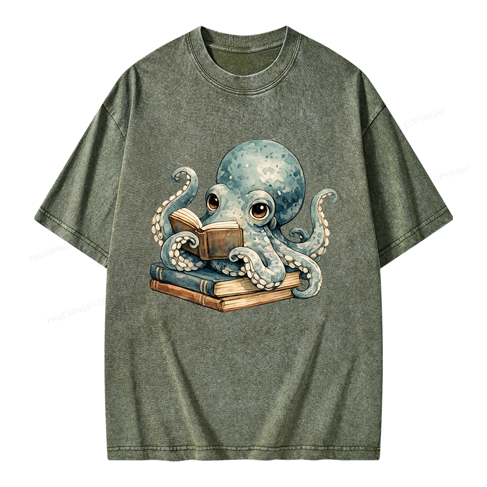 Pagewing Octopus Book Lover Unisex Washed T-shirt