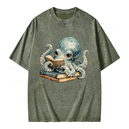 Pagewing Octopus Book Lover Unisex Washed T-shirt