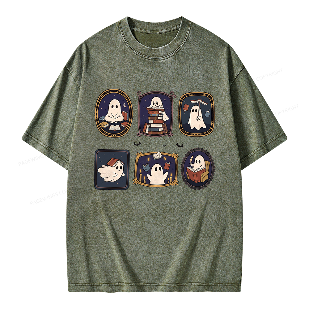 Pagewings Ghost Reading Book Unisex Washed T-shirt