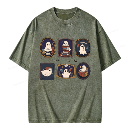 Pagewings Ghost Reading Book Unisex Washed T-shirt