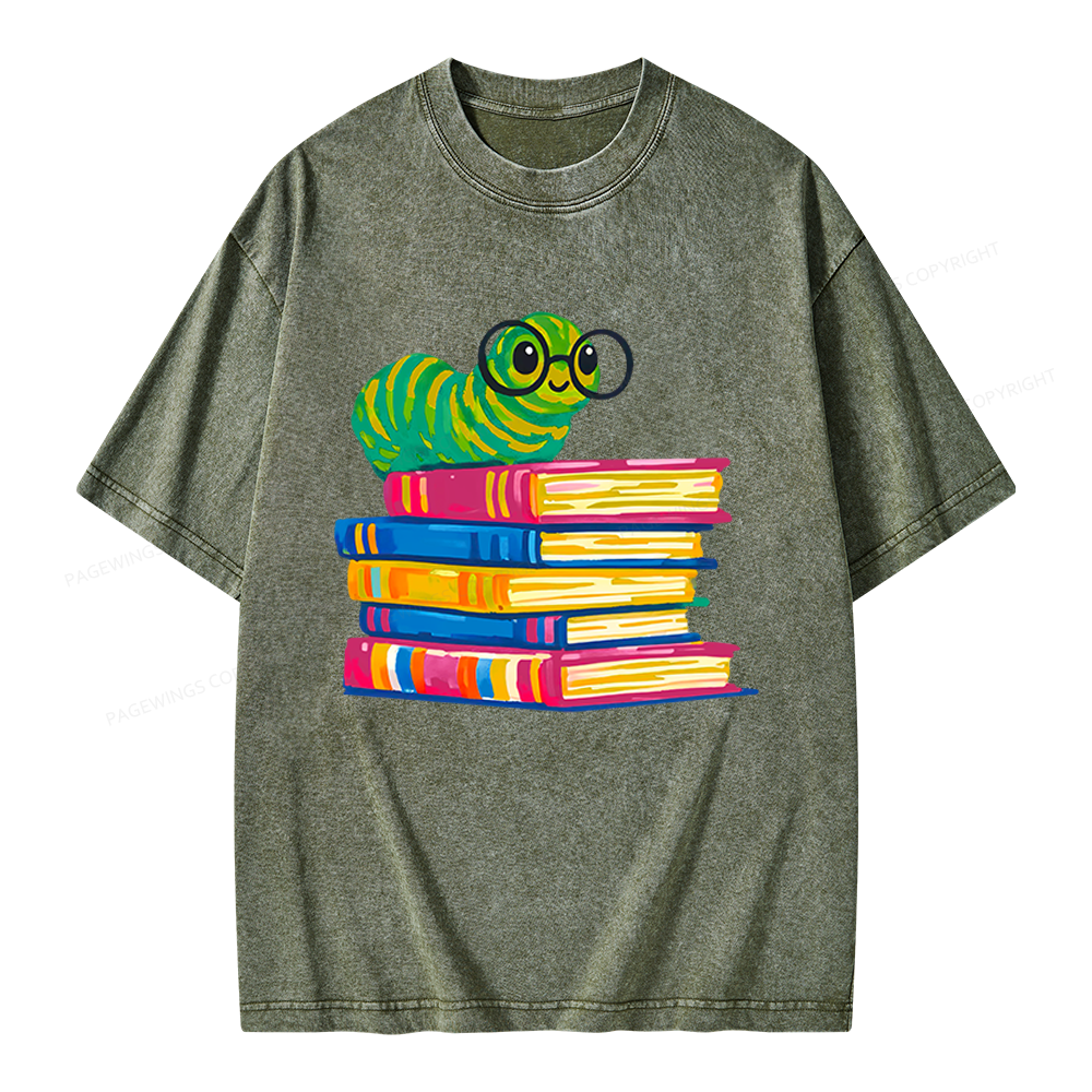 Pagewings Cute Reading Worm Unisex Washed T-shirt