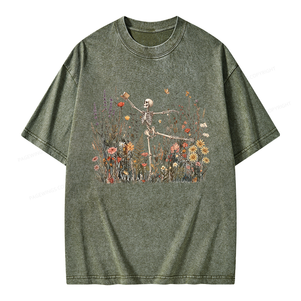 Pagewings Skeleton Reading Unisex Washed T-shirt