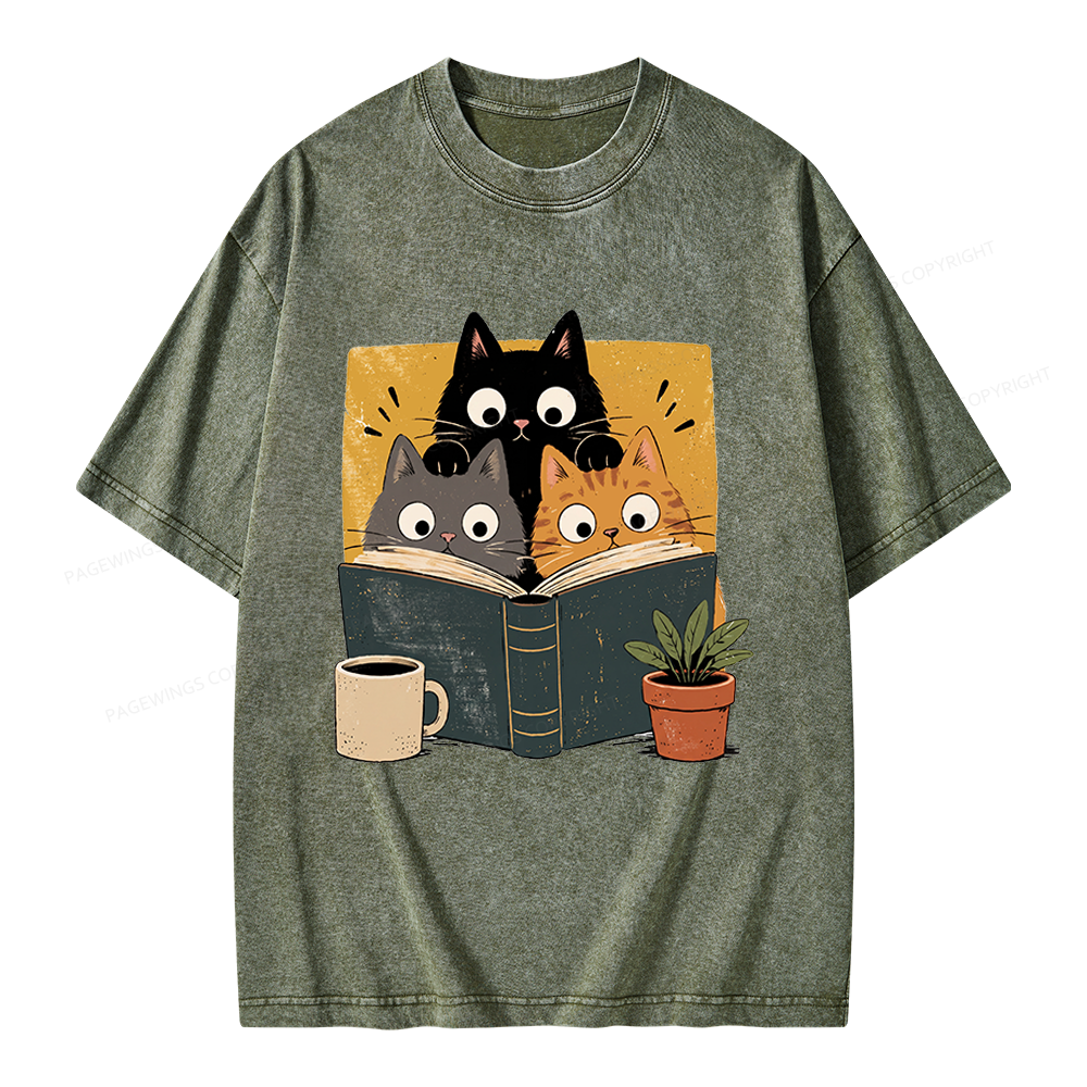 Pagewings Retro Curious Reading Cats Unisex Washed T-shirt
