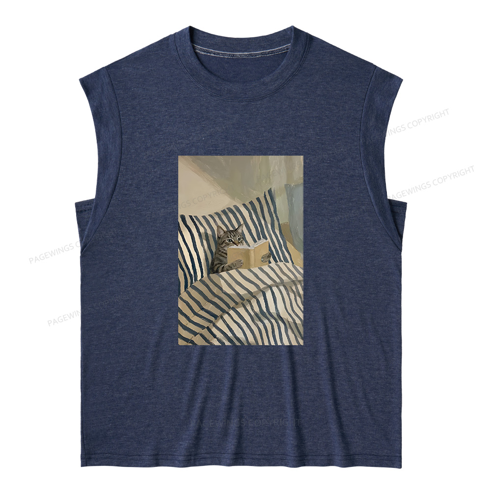 Pagewings Cat Reading Book In Bed 15459 Bookish Women's Heather Tank Top